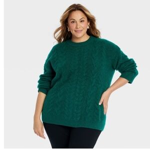 Women's Cable Knit Crewneck Pullover Sweater - Ava & Viv Dark Green 3X